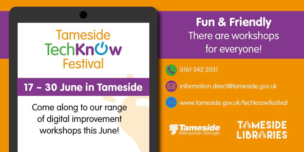 TechKnow Festival is offering a wide range of digital informational sessions - suitable for everybody! 🖥️ From the basics of getting online and for those with a keen tech interest looking to take their skills further! 📈 📅 17 - 30 June More info👇 tameside.gov.uk/techknowfestiv…