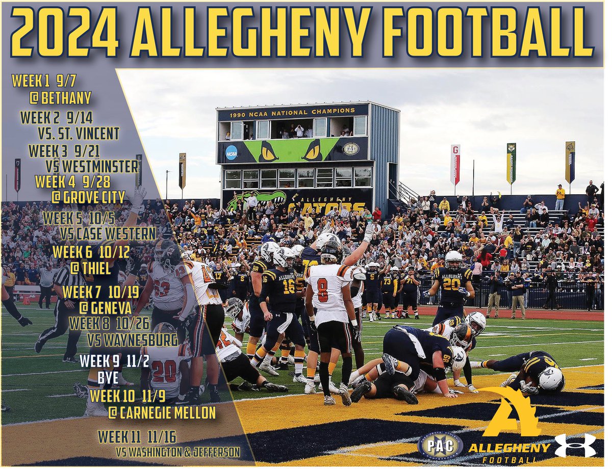 1️⃣0️⃣8️⃣ DAYS AWAY…

The 2024 Allegheny Football Schedule

#GoGators 🐊