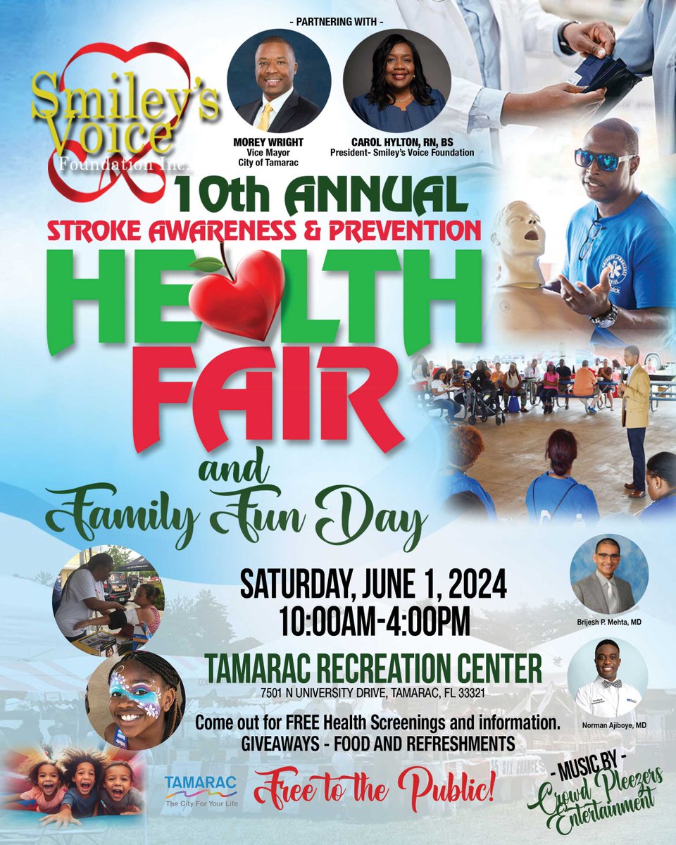 Join Vice Mayor Wright and Smiley's Voice Foundation at the Stroke Awareness & Prevention Health Fair! 📅 Saturday, June 1, 10 a.m. - 4 p.m. 📍 Tamarac Rec Center, 7501 N. University Dr. Enjoy FREE screenings, giveaways, food, live music, and more! Let's prioritize our health!