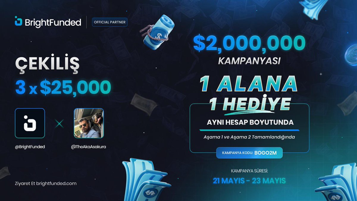 TheAkaAsakura's tweet image. BOGO GIVEAWAY

BrightFunded'ın inanılmaz 2 MİLYON ÖDEME PROMOSYONU şerefine GIVEAWAY düzenliyoruz! BrightFunded en düşük spread ve komisyon oranlarıyla sektörün öncüsü. 🎉

3 x $25,000 GIVEAWAY

1. Takip Et @BrightFunded @BrightFundedTR @TheAkaAsakura
2. Like &amp;amp; RT
3. 2 arkadaşını…