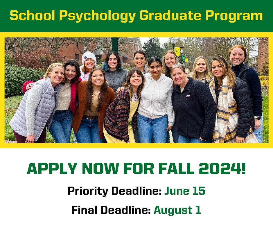 It's not too late to join our School Psychology program this fall! 

The SPSY program is now accepting applications. Priority deadline is June 15, with admissions done on a rolling basis until all spaces are filled. Final deadline is August 1. Learn more: education.uoregon.edu/spsy.