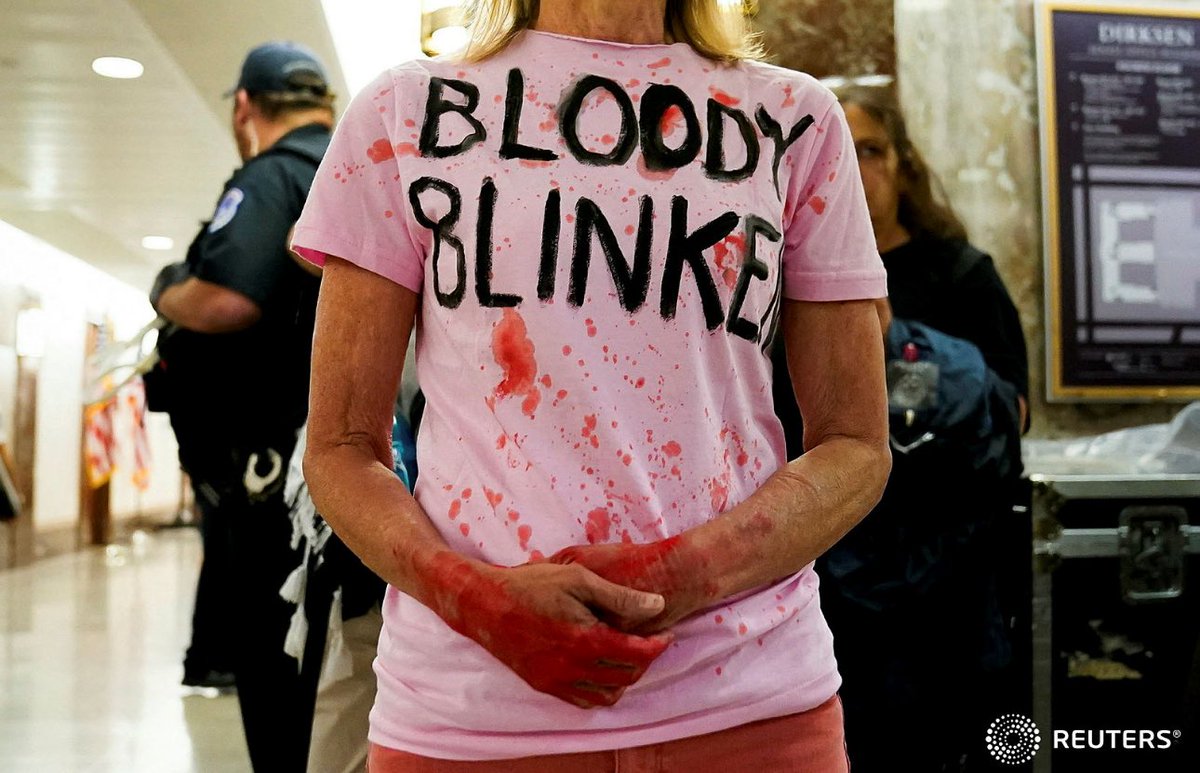 A pro-Palestinian protester lingers outside of a Senate Foreign Relations Committee hearing as U.S. Secretary of State Antony Blinken testifies on Capitol Hill in Washington, U.S., May 21, 2024. REUTERS/Elizabeth Frantz