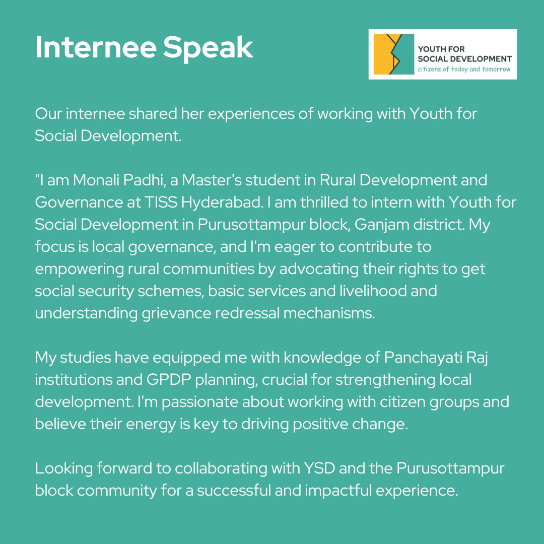 Our internee Monali Padhi a student of Rural Development and Governance from TISS, Hyderabad @OffTiss shared her experiences of working with Youth for Social Development.
#internship #experiences #ruralmanagement #citizenparticipation #GPDP