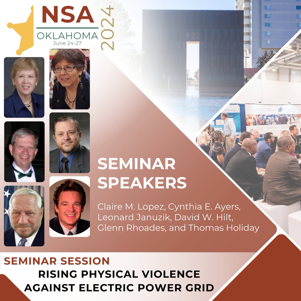 The NSA 2024 Annual Conference Speaker Spotlight continues as we highlight Clare Lopez, Cynthia E. Ayers, Leonard Januzik, David Hilt, Glenn Rhoades, and Thomas Holiday #Sheriffs2024 2023 Broke all records for physical violence committed against the U.S. Electric Power Grid