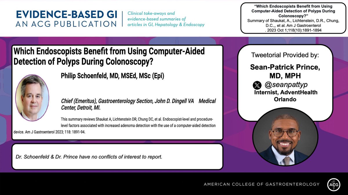 Evidence-Based GI: An ACG Publication (EBGI) (@acg_ebgi) on Twitter photo 1/ ⏰ for #EBGI Tweetorial🧵w/ <a href="/seanpattyp/">Sean-Patrick Prince, MBBS, MPH</a>!
“Which Endoscopists Benefit from Using Computer-Aided Detection of Polyps During Colonoscopy?”
📜 : ishortn.ink/S5UaIBI
🎧 : ishortn.ink/aUIB6xM
📰 : ishortn.ink/WxeVWeD
#GITwitter <a href="/AmJGastro/">AJG - The American Journal of Gastroenterology</a> <a href="/EBGIdoc/">Evidence-Based GI Doc</a> 1/ ⏰ for #EBGI Tweetorial🧵w/ <a href="/seanpattyp/">Sean-Patrick Prince, MBBS, MPH</a>!
“Which Endoscopists Benefit from Using Computer-Aided Detection of Polyps During Colonoscopy?”
📜 : ishortn.ink/S5UaIBI
🎧 : ishortn.ink/aUIB6xM
📰 : ishortn.ink/WxeVWeD
#GITwitter <a href="/AmJGastro/">AJG - The American Journal of Gastroenterology</a> <a href="/EBGIdoc/">Evidence-Based GI Doc</a>