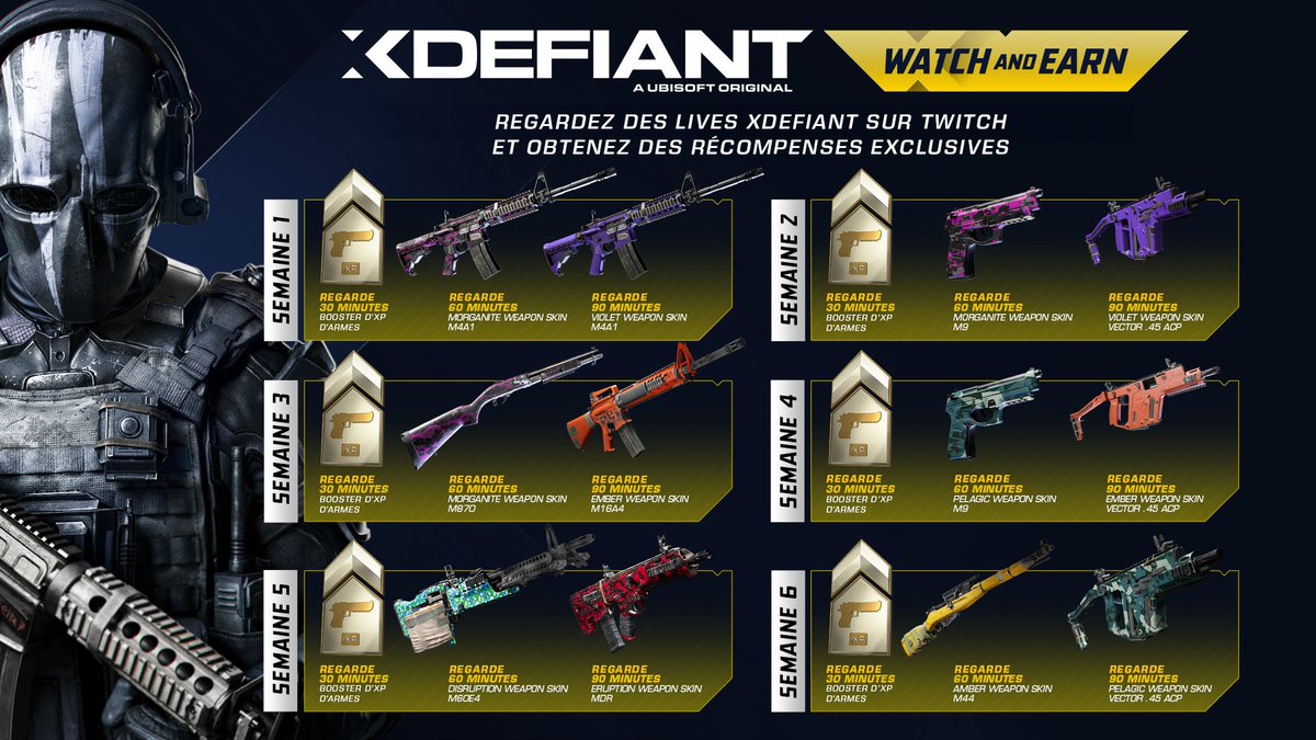 Pour célébrer le lancement de XDefiant, des drops Twitch sont disponibles ! 📺 Regardez des lives sur le jeu pour obtenir de nouvelles récompenses chaque semaine 🎁👇