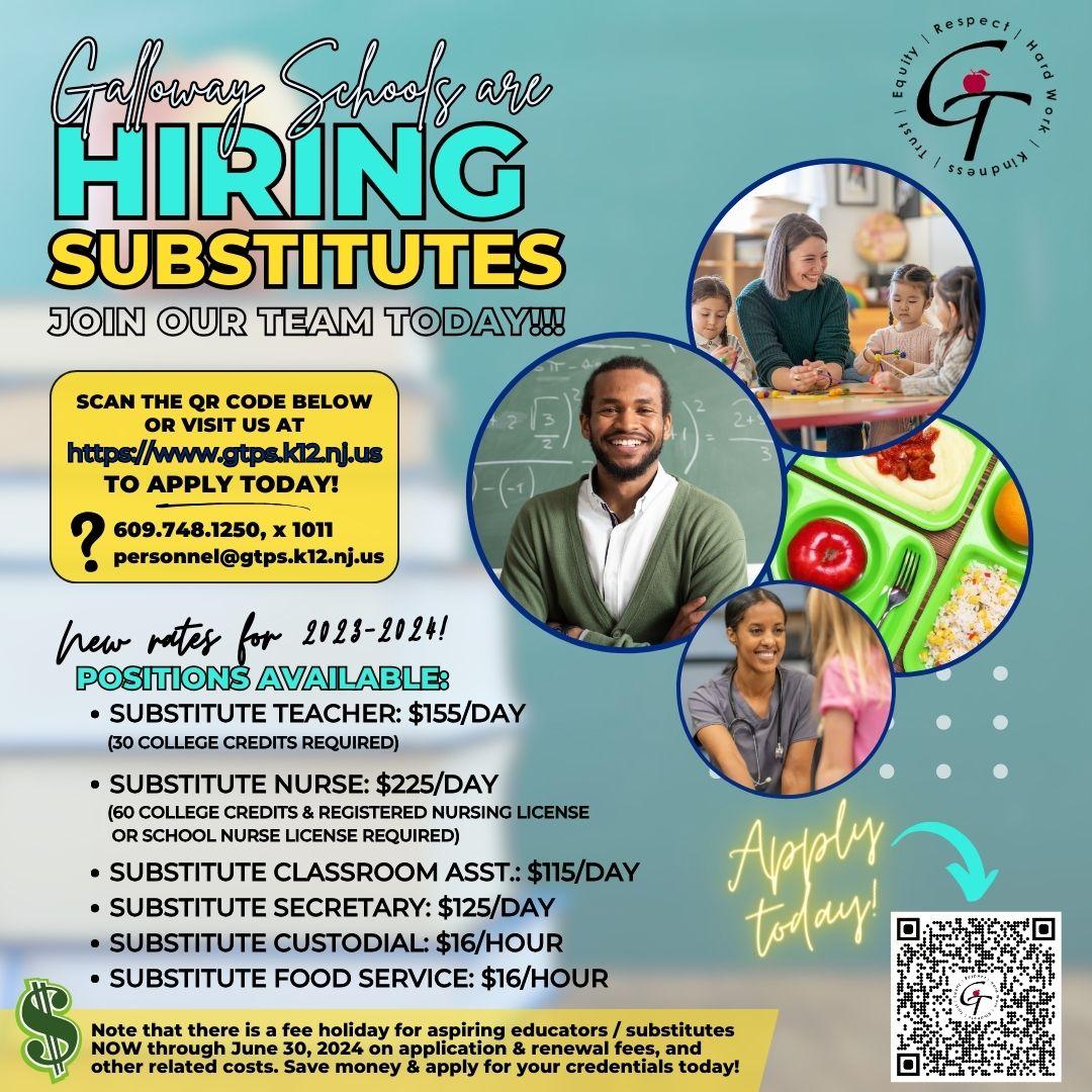 JOIN the @GTNJSchools team and make a positive impact on our school community and our youth! We are currently hiring substitutes with competitive rates. Feel free to apply and please share with friends and family to support our district. #njed #substitutes