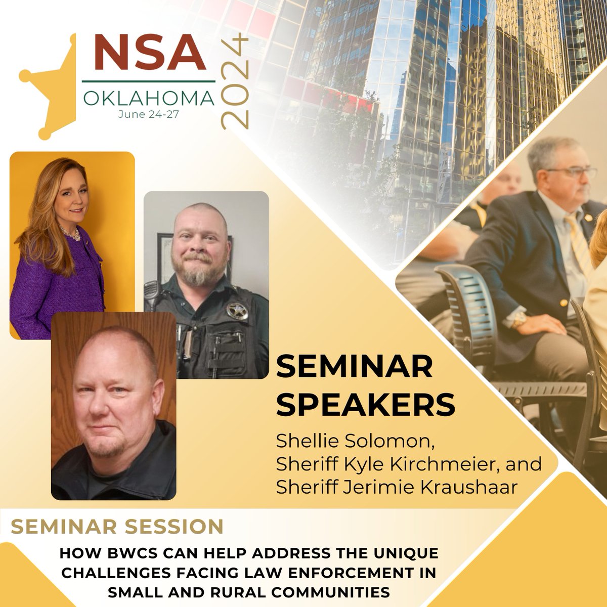 NSA 2024 Annual Conference Speaker Spotlight! #Sheriffs2024 We're thrilled to spotlight Shellie Solomon, Ph.d., CEO/Facilitator at Justice & Security Strategies Inc., Sheriff Kyle Kirchmeier, Morton County Sheriff’s Office, ND, and Sheriff Jerimie Kraushaar, Hot Springs County