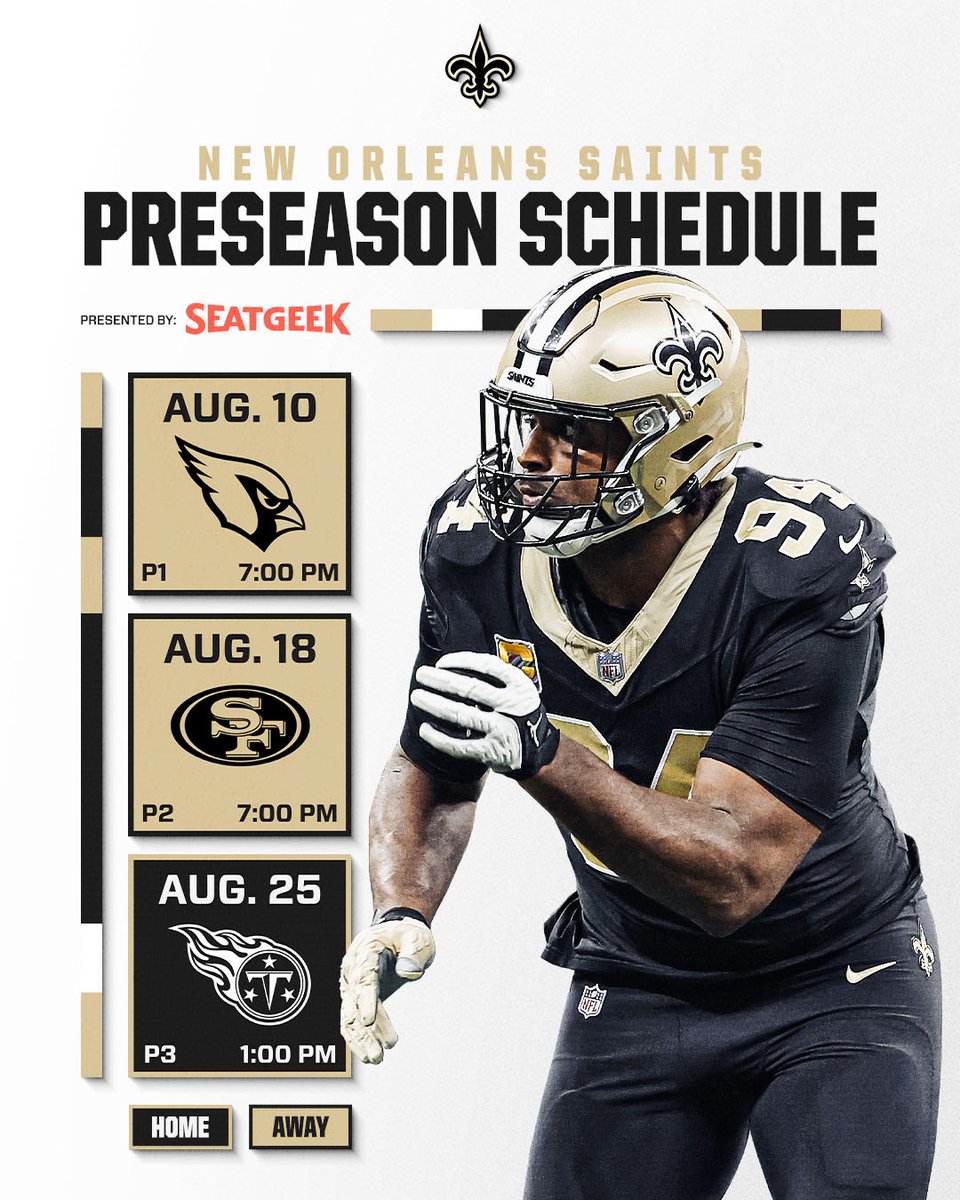 The Saints 2024 preseason schedule is set! Aug. 10 at Cardinals (7 pm CT on @FOX8NOLA) Aug. 18 at 49ers (7 pm CT on @NFLonFOX) Aug. 25 vs Titans (1 pm CT on @FOX8NOLA) #Saints | @SeatGeek
