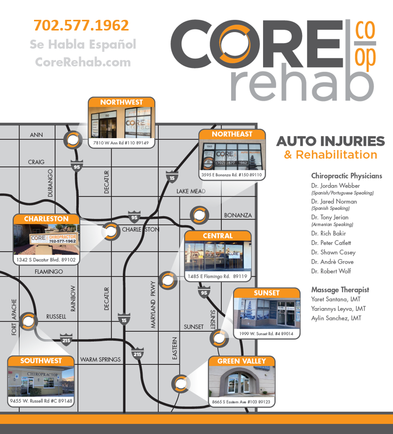 With 7 locations to serve you, we have the valley covered!

Call us today for a same day appointment at 702-577-1962 🏃

#CoreRehabLV #Chiropractors #MassageTherapists #LasVegas #AutoAccidents #PersonalInjury #PeopleCareNotPatientCare #7Locations