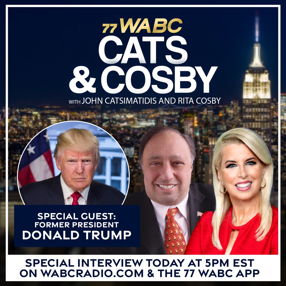 EXCLUSIVE INTERVIEW AT 5PM EST: @realDonaldTrump will join the show as a special guest on @Catsandcosby with hosts @JCats2013 and @RitaCosby. You won't want to miss this interview! Listen on wabcradio.com or on the 77 WABC app!