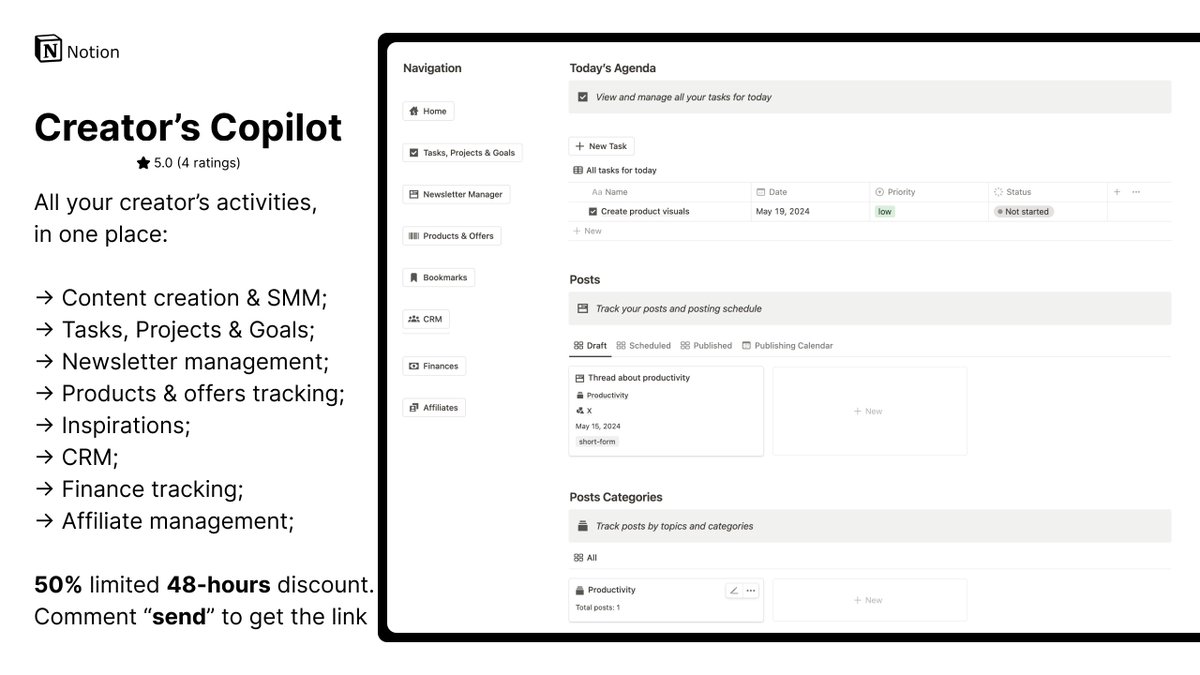 Creator’s Copilot is now live 🚨

I’m excited to announce that the Creator’s Copilot Notion System has now been launched!

What is the purpose of this system and why have I created it?

As a content creator, I understand the struggles of creating quality content quickly and