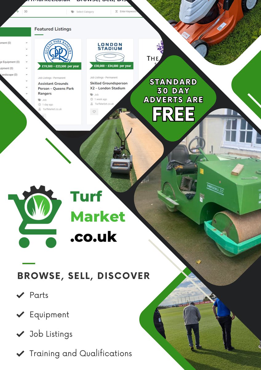 Standard adverts on TurfMarket.co.uk are free! - Jobs - Parts - Services - Machinery - Trade shows - And more Please share!