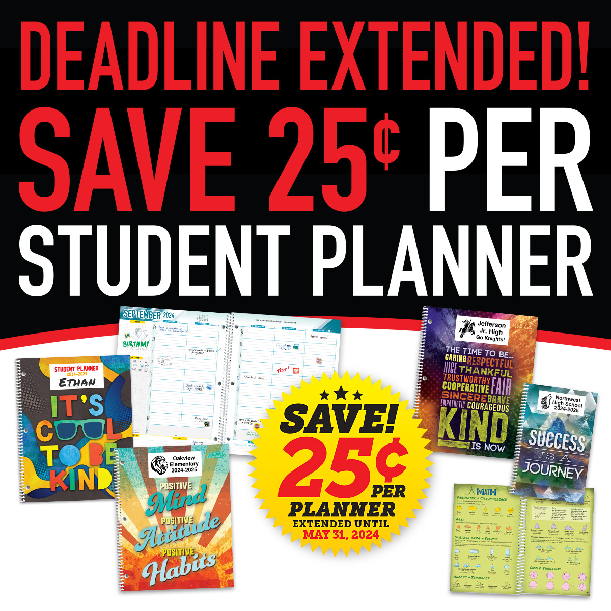 We have extended the Student Planner Early Order Discount. You now have until May 31, 2024 to take off 25¢ per planner when you order full-color School Mate Student Planners. Ship when you're ready with delayed shipping.
schoolmate.com/ordering/?ref=…