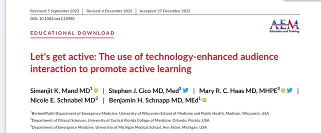 Our Educational Download was published in @AEM_ETOnline on tech-enhanced audience interaction to promote #ActiveLearning #AdultLearning #MedEd #MedicalEducation. This was based on a med ed bootcamp we lead at #SAEM23. #EngageLearners #Gamification #EmergencyMedicine #PedsEM #PEM