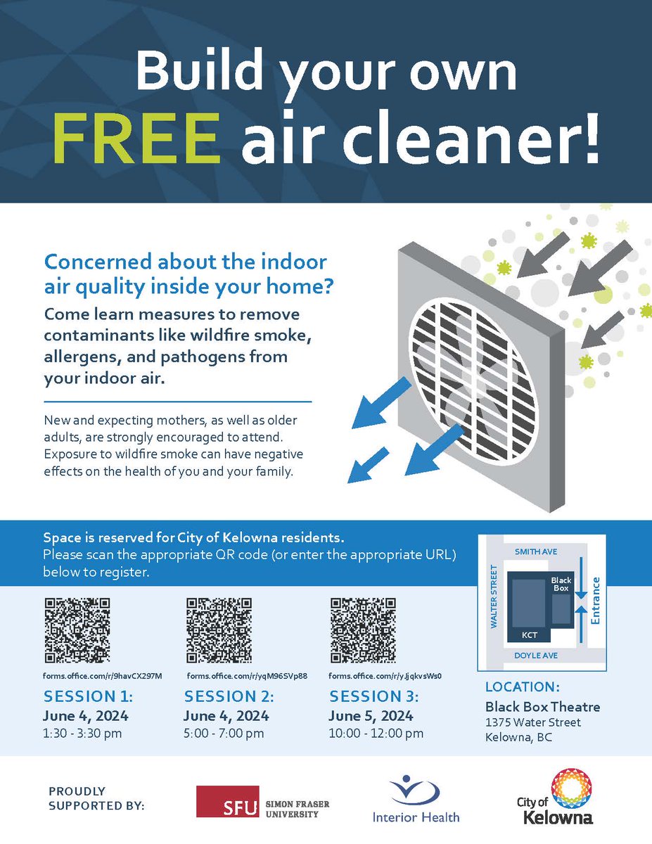 Concerned about your inside air quality during a wildfire event? The City of Kelowna, in collaboration with @SFU and @Interior_Health, is offering a FREE workshop for residents to build their own air purifiers. To learn more visit: kelowna.ca/our-community/…