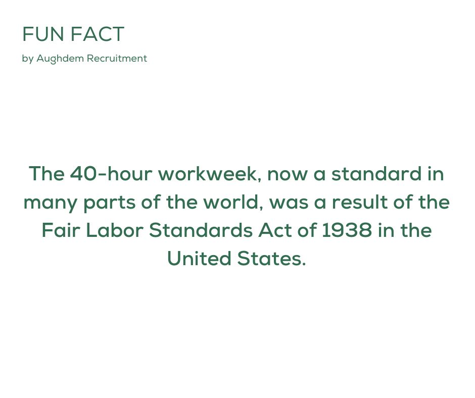 The 40-hour workweek, now a standard in many parts of the world, was a result of the Fair Labor Standards Act of 1938 in the United States. This landmark legislation aimed to improve working conditions by establishing minimum wage, overtime pay, and limiting the workweek.