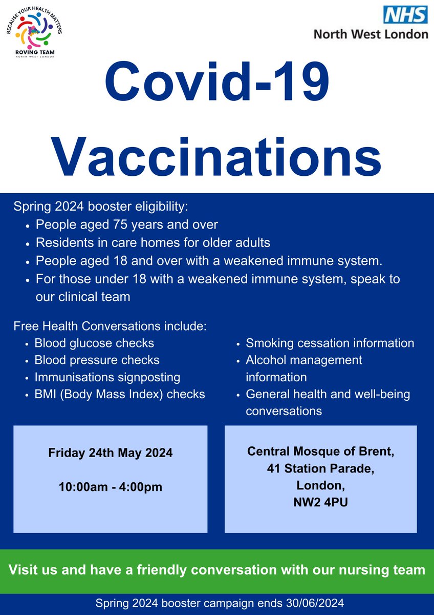 The Mobile Health Bus is making its way to the Central Mosque of Brent on Friday! 🚍 Visit the bus to get a FREE health check and to chat with our clinicians💙 Covid boosters and Measles vaccinations will also be available😊