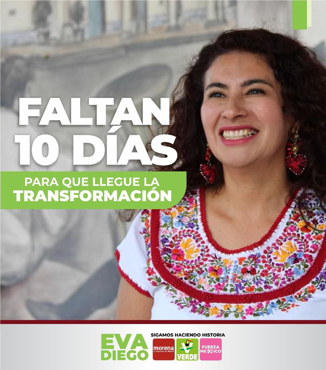 evdiec's tweet photo. ¡Estamos a 10 días del triunfo! Juntas y juntos consolidaremos el segundo piso de la #4T. ¡Sigamos adelante con determinación y esperanza!
#EvaDiego
#DistritoXXI https://t.co/IBX8HvX0lv
