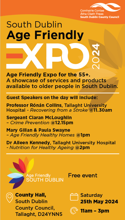AgeFriendlyIrl's tweet photo. South Dublin Age Friendly Expo this Saturday 25th May from 11am - 3pm. This is a free event
@sdublincoco @southdublinagefriendly #healthyagefriendlyhomes https://t.co/z6yrVUOtzu