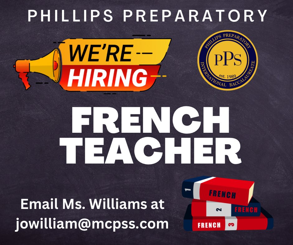 🏴‍☠️ Ahoy, Mateys! We are looking for a French Teacher to join our Pirate Crew! Email Principal Williams! jowilliams@mcpss.com (feel free to share and tag)