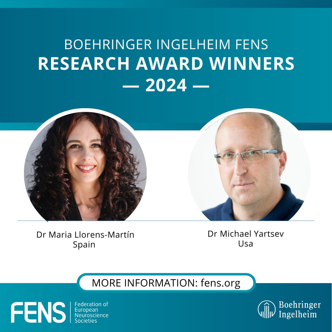 🎉 Warm congratulations to the winners of the Boehringer Ingelheim FENS Research Award 2024! 🏆 Dr Maria Llorens-Martín, leading @LlorensLab at @CBM_CSIC_UAM. 🏆 Dr Michael Yartsev, leading researcher at #UCBerkeley. Learn more: loom.ly/ZKaQcl4 @Boehringer