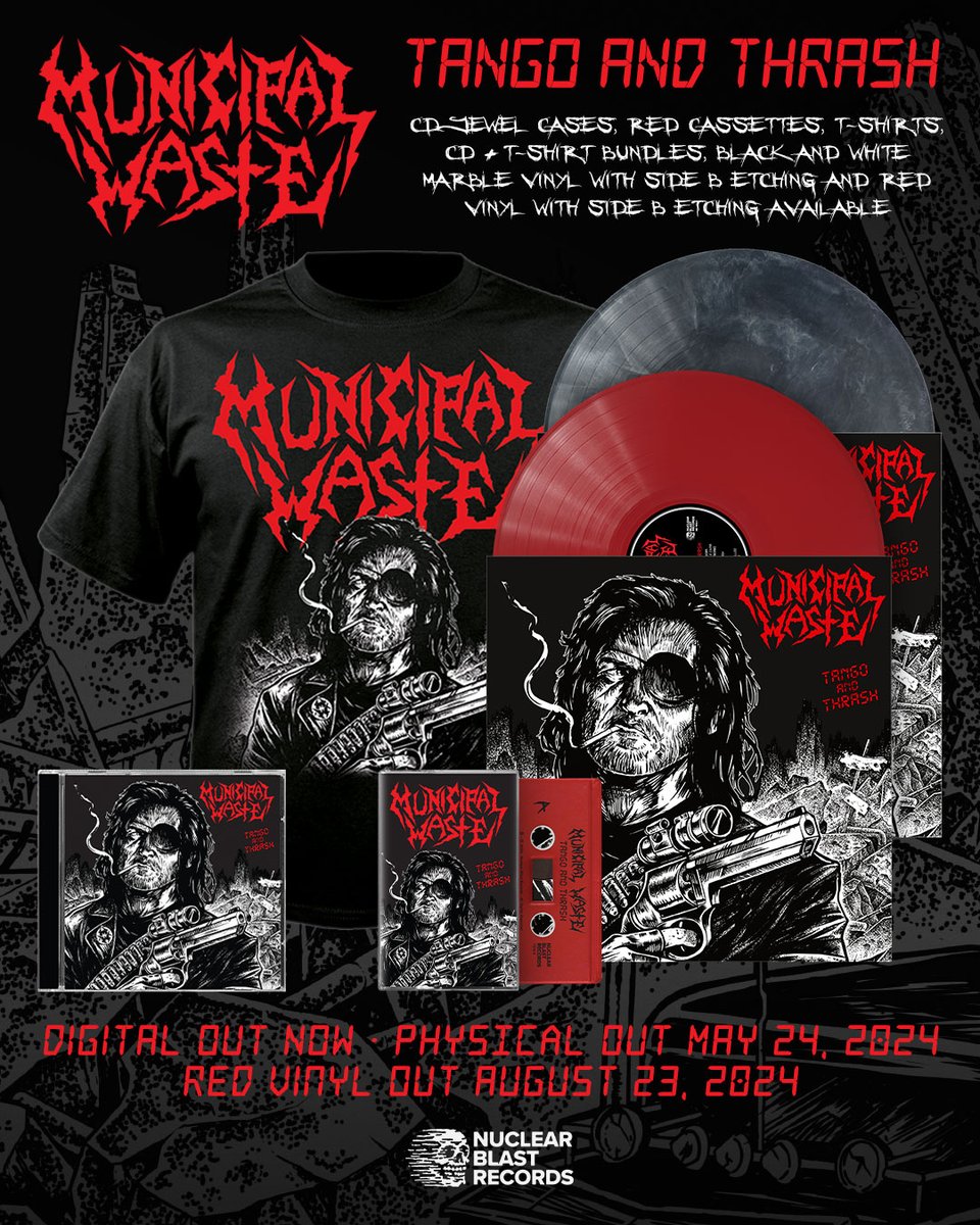 Our TANGO & THRASH reissue is available for pre-order on a NEW red vinyl with side B etching! 👉 municipalwaste.bfan.link/tango-thrash.t… Fully remastered with bonus tracks and reimagined artwork by Vincent Bouchard and Bongsnake. Digital: Out Now Physical: May 24th Red Vinyl: Aug 23rd