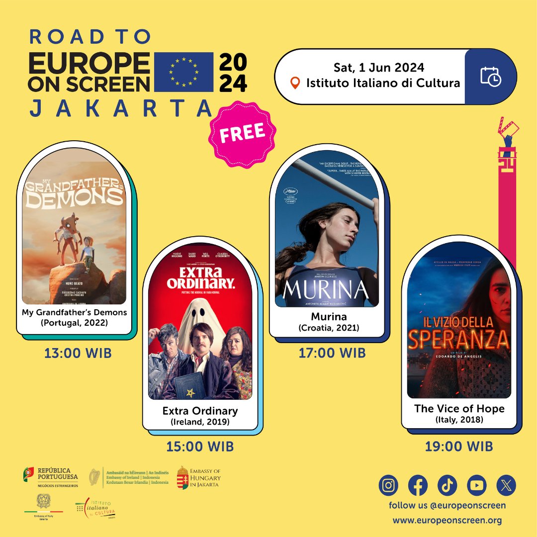 We're giving you another #RoadToEoS2024 in JAKARTA 🥳🎬

Register yourself for Road to #EoS2024 screenings at the Istituto Italiano di Cultura on Saturday, 1 June 2024 🤩

My Grandfather's Demons (Portugal, 2022) at 13:00 WIB
Extra Ordinary (Ireland, 2019) at 15:00 WIB
Murina