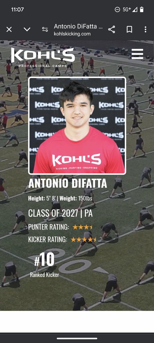 After a great time at my first Kohls ranking I am very blessed to say that I am a 4.5 star kicker and number 10 in the nation and number 1 in the state of PA for the class of 2027. Thank you @KohlsKicking for the evaluation @CoachLehmeier @RonFuchsCC @AdamSciulli @PCC_FOOTBALL