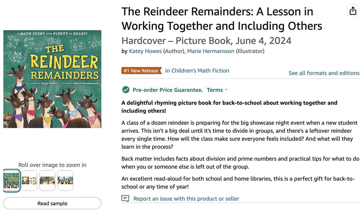 Just pre-ordered #ReindeerRemainders, and so should you! And look, it's a #1 release in kids' math-related books! I was just telling Katey the other day how brilliant her concept was. Will continue to support her wonderful books. Katey was a gem of a person. #kidlit @Kateywrites