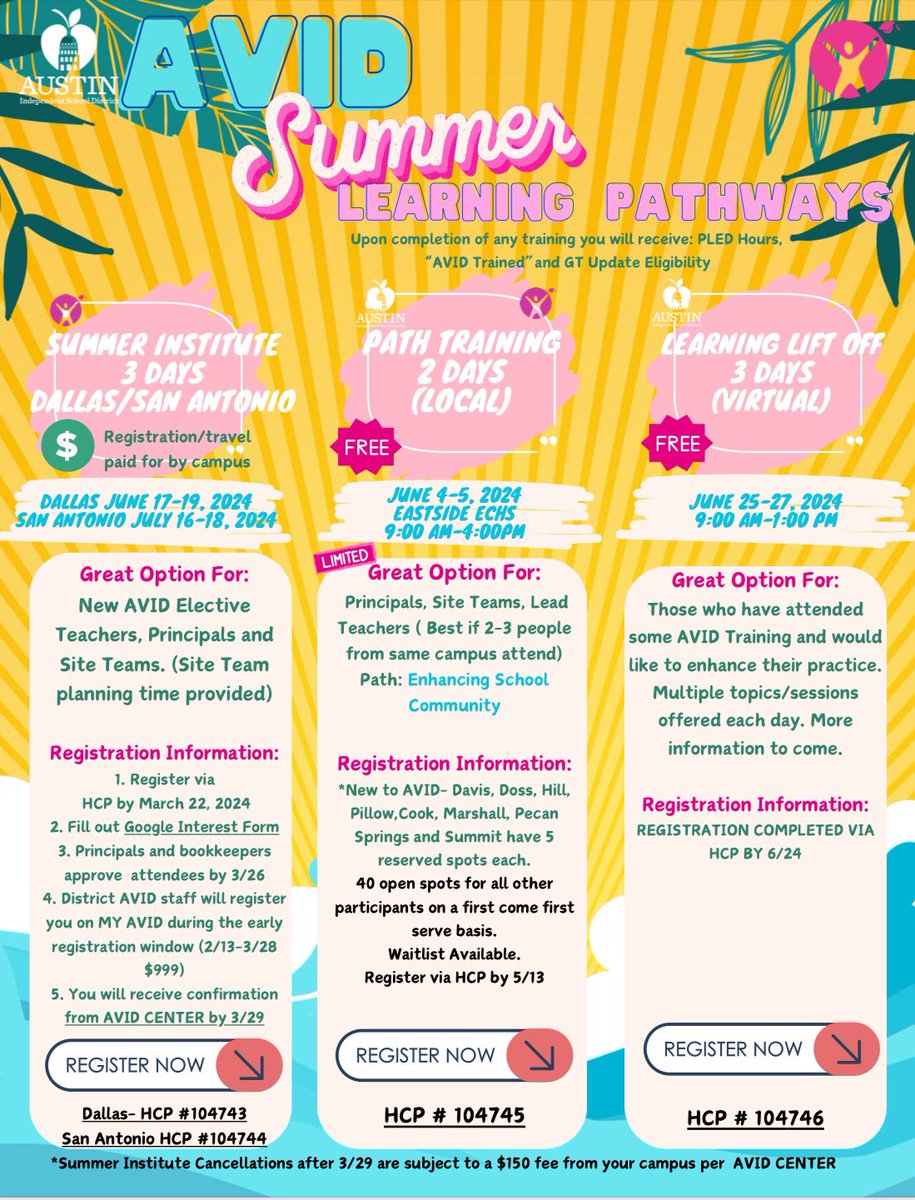 🌴To our @AustinISD @Elementary_AISD & @Secondary_AISD teachers, join us for our professional learning paradise @AVID4College Path! 🌴 We will discuss ways to enhance your school for college & career readiness for ALL. Lunch provided both days (June 4-5)! 7 spots left. HCP 104745