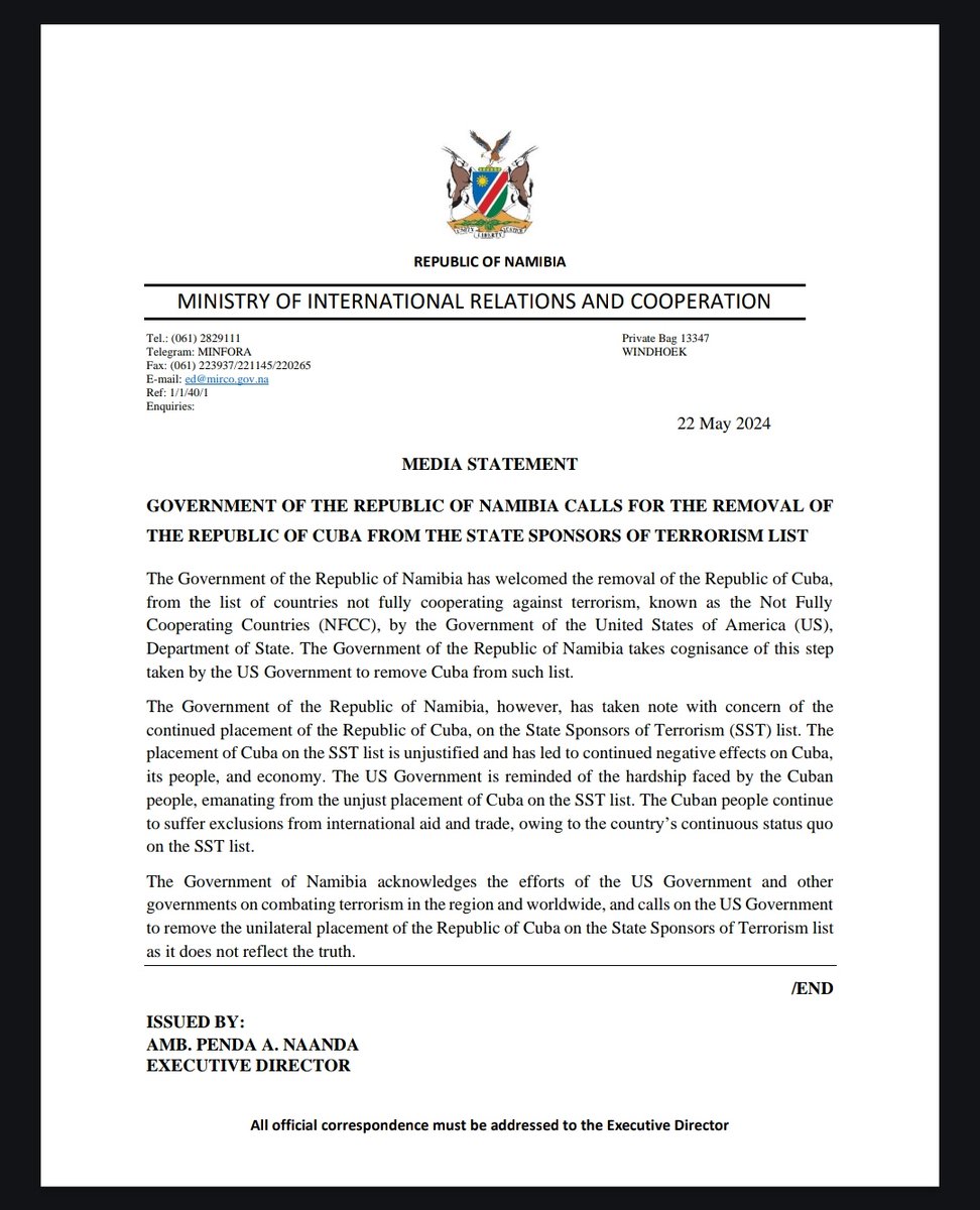 MEDIA STATEMENT: GOVERNMENT OF THE REPUBLIC OF NAMIBIA CALLS FOR THE REMOVAL OF THE REPUBLIC OF CUBA FROM THE STATE SPONSORS OF TERRORISM LIST