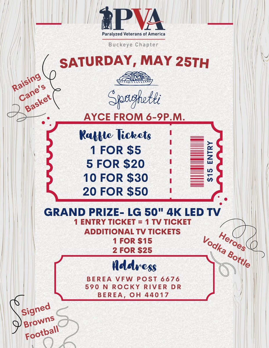 There's still time to come join us this Saturday at the Berea VFW .   Grand raffle prize of a 50" 4K LED TV. Go to buckeyepva.org 
or click the links below to register!  
For raffle tickets:
lnkd.in/eVdkTKxB 
For event tickets: lnkd.in/g-MBGQKT