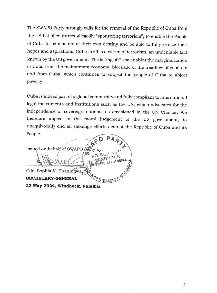 A nombre del @PartidoPCC agradezco a la SWAPO su contundente declaración contra la inclusión de #Cuba en la espuria lista de Estados Patrocinadores del Terrorismo. Su apoyo consecuente es una demostración de las históricas relaciones que unen a nuestros Partidos y pueblos.