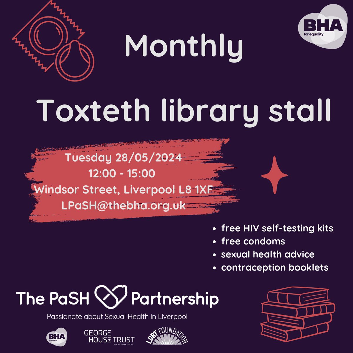PaSHinLiverpool's tweet image. Next Tuesday from 12 pm to 3 pm, @the_BHA will be in Toxteth library handing out free condoms, good mood and HIV self testing kits!
@GMPaSH
#pashinliverpool #toxtethlibrary #hivprevention #sexualwellbeing #freecondoms #stiawareness