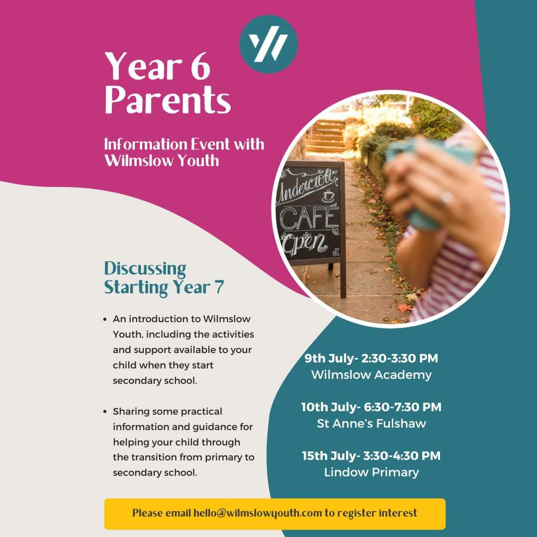 Year 6 parents - Save the Date !!
Wilmslow Youth are running sessions for ALL local parents and carers at these three locations. 
#wilmslow #handforth #alderleyedge #wellbeingmatters #community