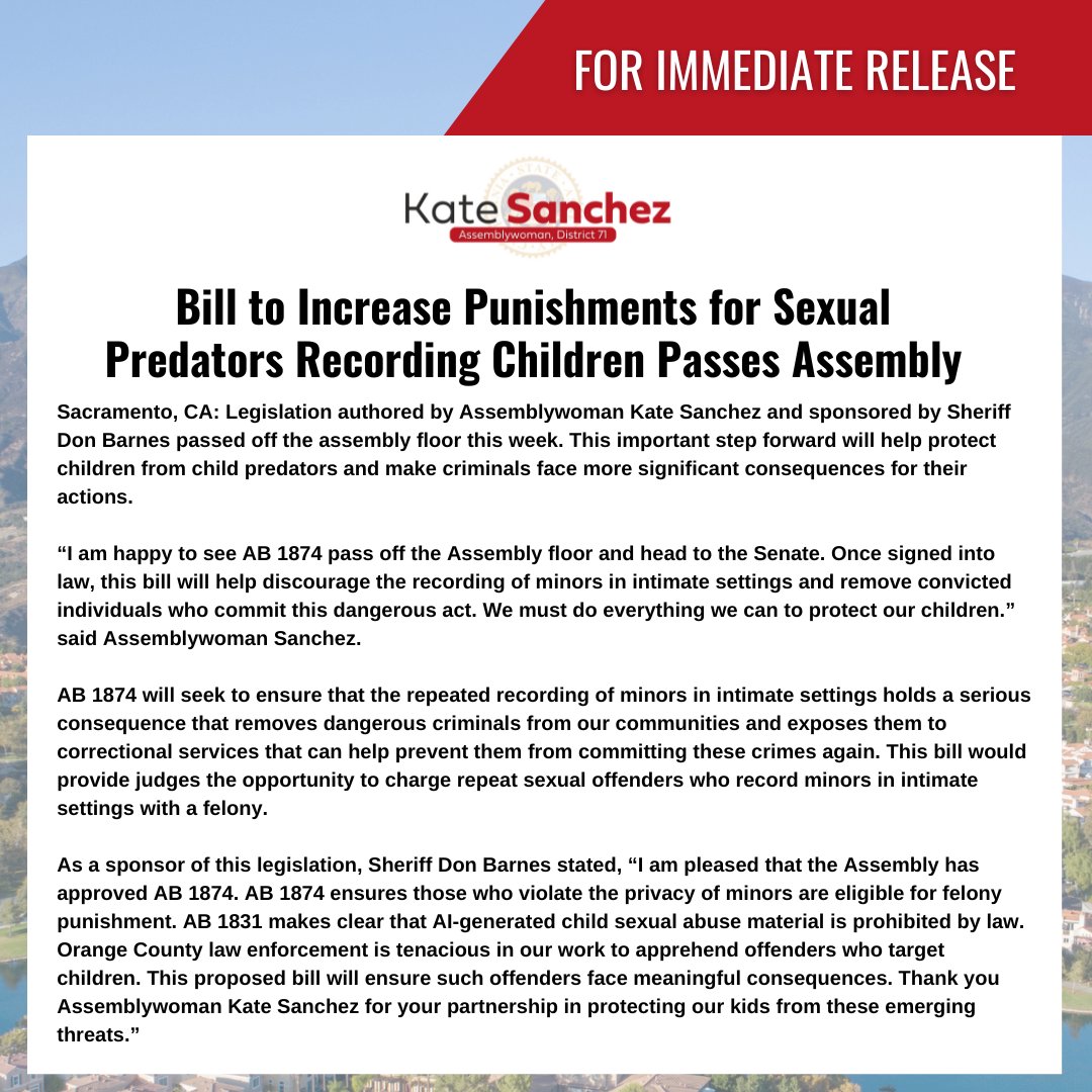 I am happy to share that legislation I authored and sponsored by @OCSheriffBarnes passed off the assembly floor this week. This important step forward will help protect children from child predators and make criminals face more significant consequences for their actions.