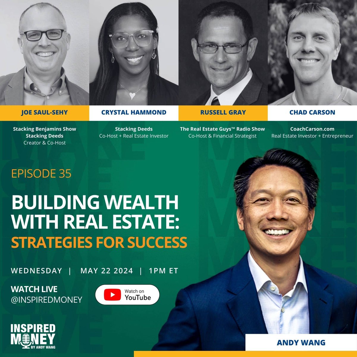 Join our livestream today: Building Wealth with Real Estate: Strategies for Success youtube.com/watch?v=RlzjOa… @REGuysRadio​ @CoachChadCarson @StackingDeeds @condocrystal @AverageJoeMoney​ @theeaglesvision @bjeaglefeather #InspiredMoney #RealEstateInvesting #WealthBuilding