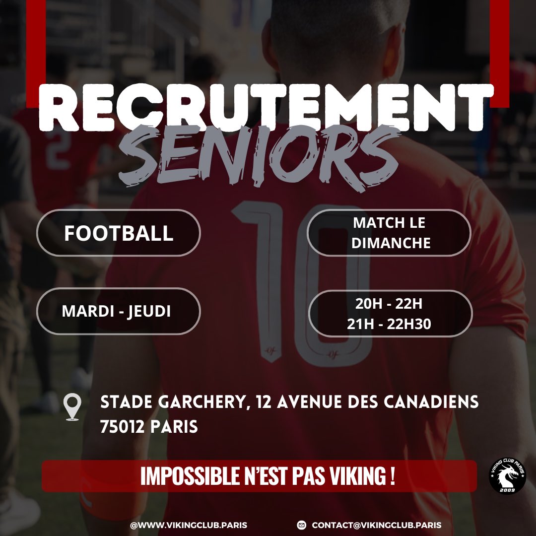 VikingClubParis's tweet photo. 𝗥𝗘𝗖𝗥𝗨𝗧𝗘𝗠𝗘𝗡𝗧 𝗦𝗘́𝗡𝗜𝗢𝗥𝗦 ⚽️🏃

🏟️ Nous vous accueillons le 𝗺𝗮𝗿𝗱𝗶 𝗱𝗲 𝟮𝟬𝗵 𝗮̀ 𝟮𝟮𝗵 𝗲𝘁 𝗹𝗲 𝗷𝗲𝘂𝗱𝗶 𝗱𝗲 𝟮𝟬𝗵𝟯𝟬 𝗮̀ 𝟮𝟮𝗵 au 𝗦𝘁𝗮𝗱𝗲 𝗚𝗮𝗿𝗰𝗵𝗲𝗿𝘆 𝗱𝗲 𝗝𝗼𝗶𝗻𝘃𝗶𝗹𝗹𝗲-𝗹𝗲-𝗣𝗼𝗻𝘁 pour des séances de recrutement.

 #teamVKP ⚫️🔴 https://t.co/qGlCxSYQr2