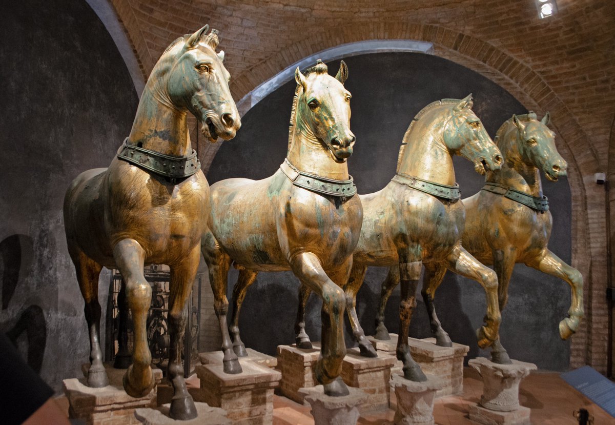 Horses of Saint Mark were brought to Venice after the sack of Constantinople in 1204. They were probably over the starting gate of the Hippodrome of Constantinople, but were perhaps taken from Chios earlier. Napoleon took them to Paris in 1797 and they were returned in 1815.