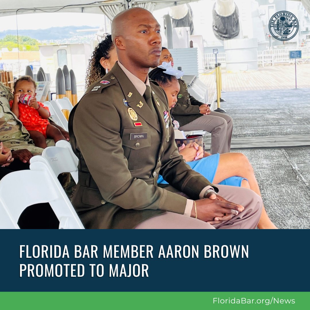 Bar member Aaron Brown was promoted to Major (0-4) in the U.S. Army Jag Corps. Maj. Brown is a national security law attorney with the US Army Pacific and will transition to the Army Judge Advocate General’s Legal Center & School to obtain an LL.M. in Government Acquisitions.