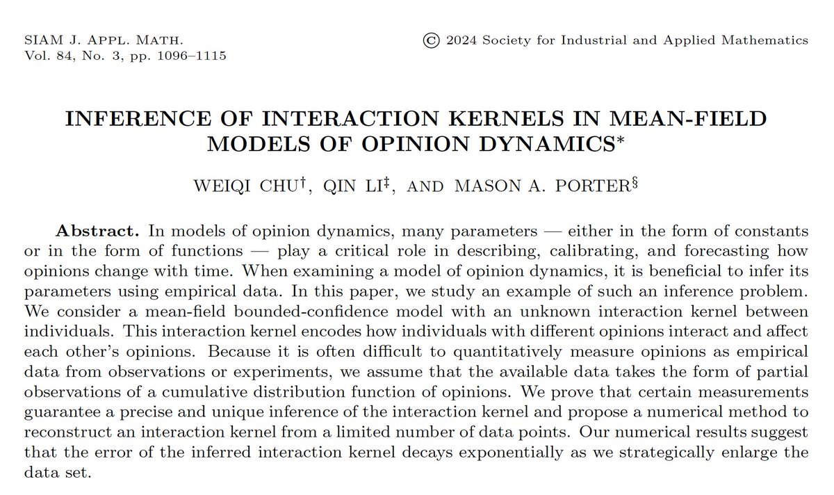The final published version of our paper (Weiqi Chu, Qin Li, MAP): math.ucla.edu/~mason/papers/… What data do we need to use to infer how opinions update in a mean-field model of opinion dynamics?