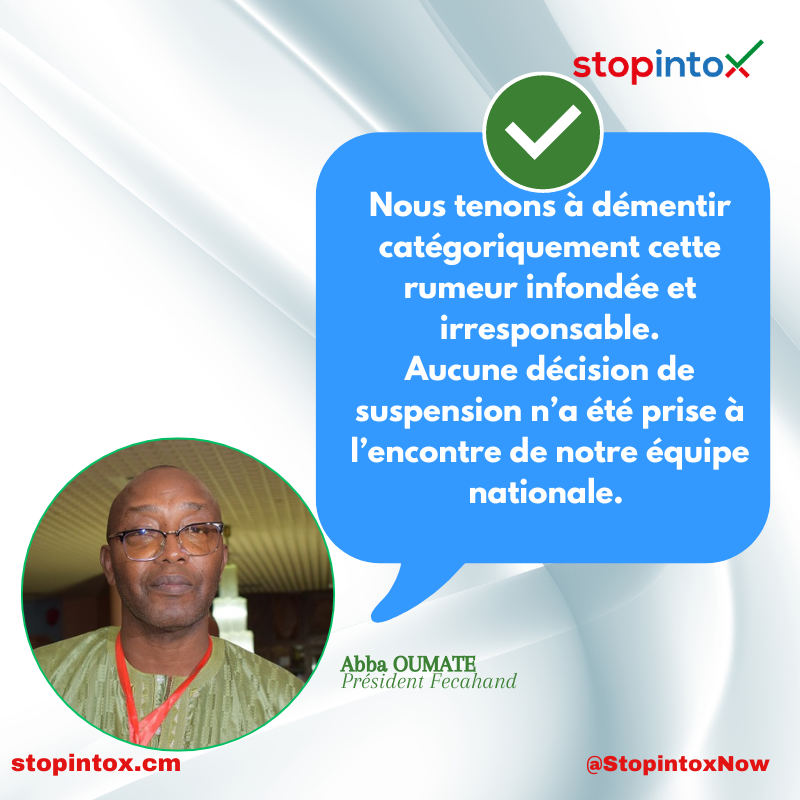 StopintoxCMR's tweet photo. ❌ NON, l'équipe de handball dame n'a pas été suspendue comme le laisse croire une fausse information qui circule dans les réseaux sociaux depuis ce matin du 22 mai 2024.
Le démenti est de la #Fecahand
#Cameroun #StopintoxNow
https://t.co/HkChNq9yqH https://t.co/aR37gPflaZ