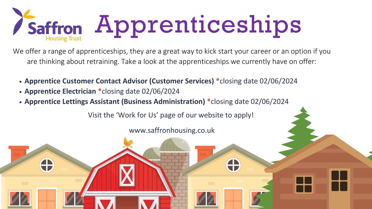 We offer a range of apprenticeships - a great way to kick start your career or an option if you're thinking about retraining. You learn about our business while achieving useful qualifications and earning a salary! See what we have to offer, below saffronhousing.co.uk/about-us/work-…