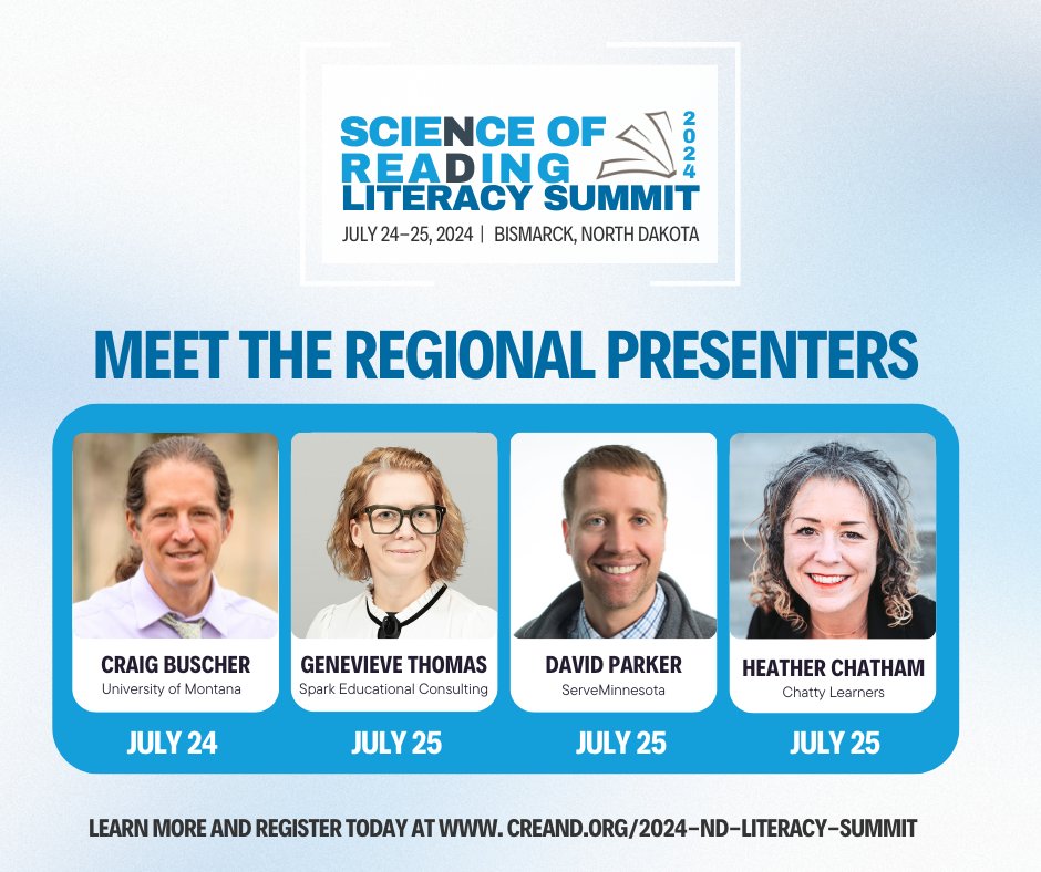 These incredible presenters from across the region are BOOKED for the '24 ND Literacy Summit! Learn more about their extensive experience in aligning practices to the Science of Reading on our website at creand.org/2024-nd-litera…
#NDLiteracySummit #NDSoR #LiteracyForAll