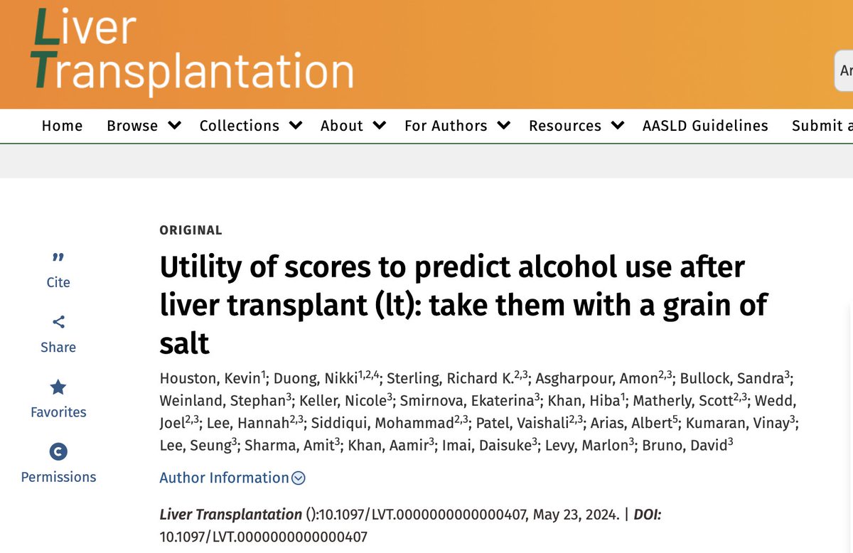 🚨Hot off the press! @LTxJournal 🍺How to predict relapse post-LT? 🧂Take these scores w/ a grain of 'SALT' ⚠️SALT/HRAR: high NPV to predict harmful drinking post LT Do you use these scores at your center? rb.gy/gvodl1 Thankful for great mentorship: @RichSterlingMD