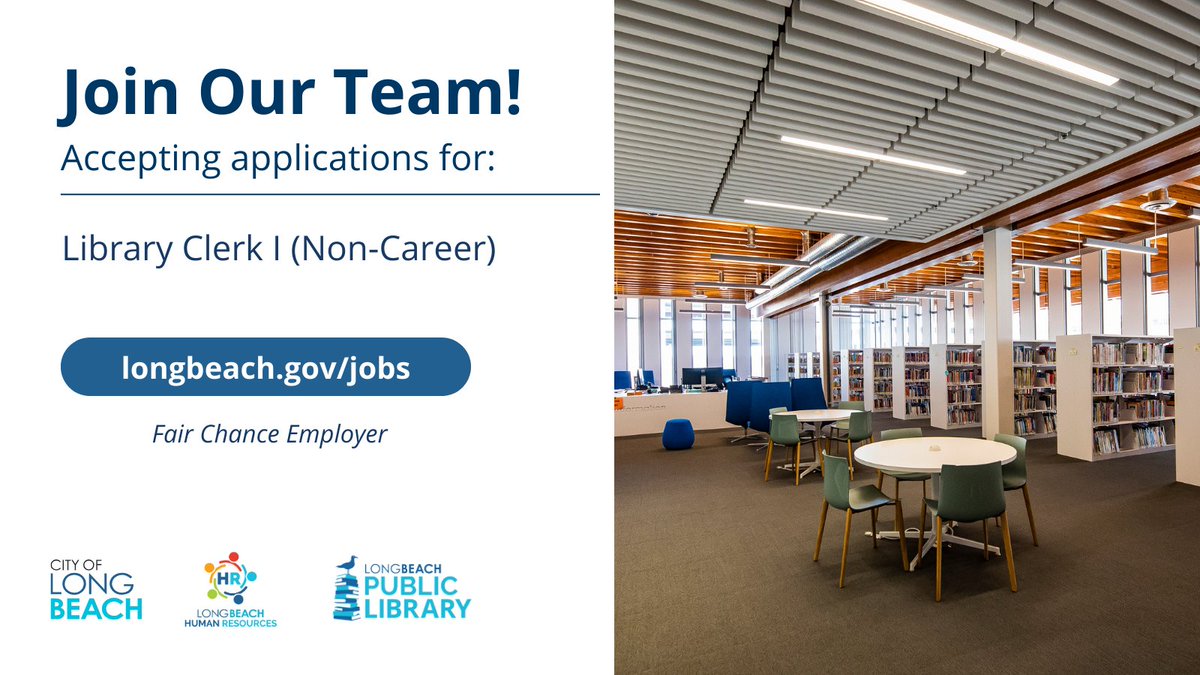 📚<a href="/LBCityLibrary/">Long Beach Public Library</a> has openings for Library Clerk I.
This position will perform a wide variety of clerical duties and interface with library patrons in providing public library services.
💻bit.ly/4bsigum
🗓Closing 6/3/24 11:59 p.m.

#lbcityjobs #nowhiring #governmentjobs