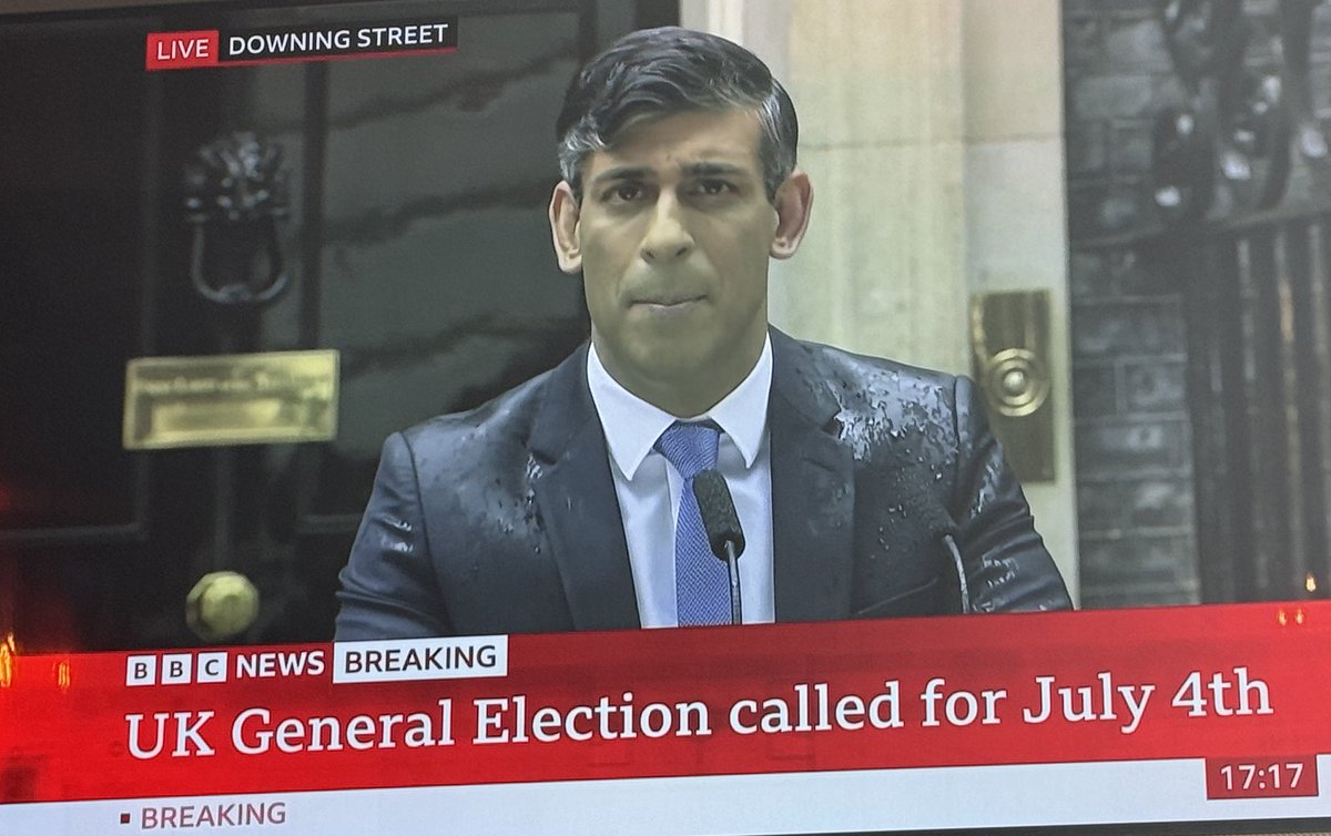 Rishi Sunak, soaking wet, trying to announce the general election over the most famous Labour campaign song in history really does encapsulate his premiership in a way that renders sketch writers redundant