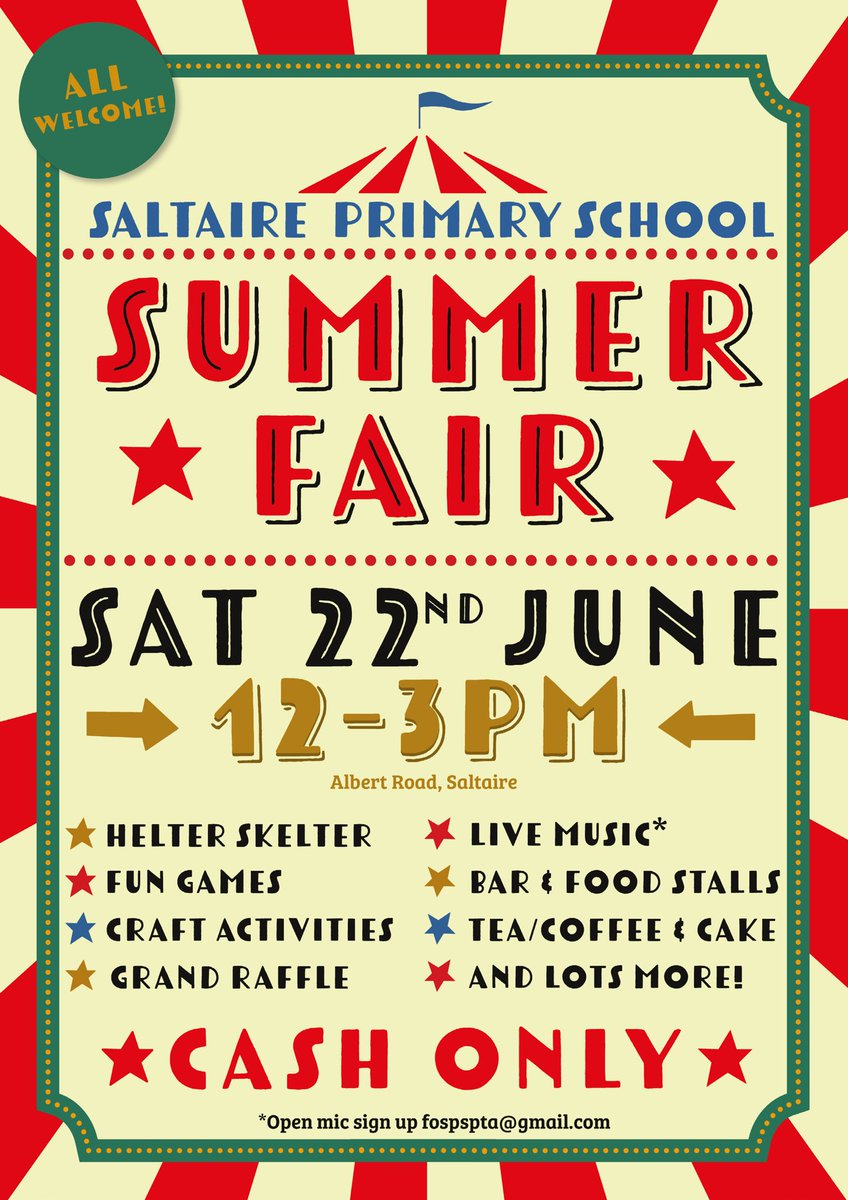 🎪☀️🎪 ONE MONTH TO GO! 🎪☀️🎪

SALTAIRE PRIMARY SUMMER FAIR
Saturday 22 June, 12-3pm, all welcome

Fairground stalls ~ Bar ~ Live Music ~ Grand Raffle ~ Face Painting ~ Helter Skelter ~ Tea &amp; Cake ~ Food Stalls ~ Fun Games ~ Craft activities ~ And more!

bit.ly/fospssummerfair