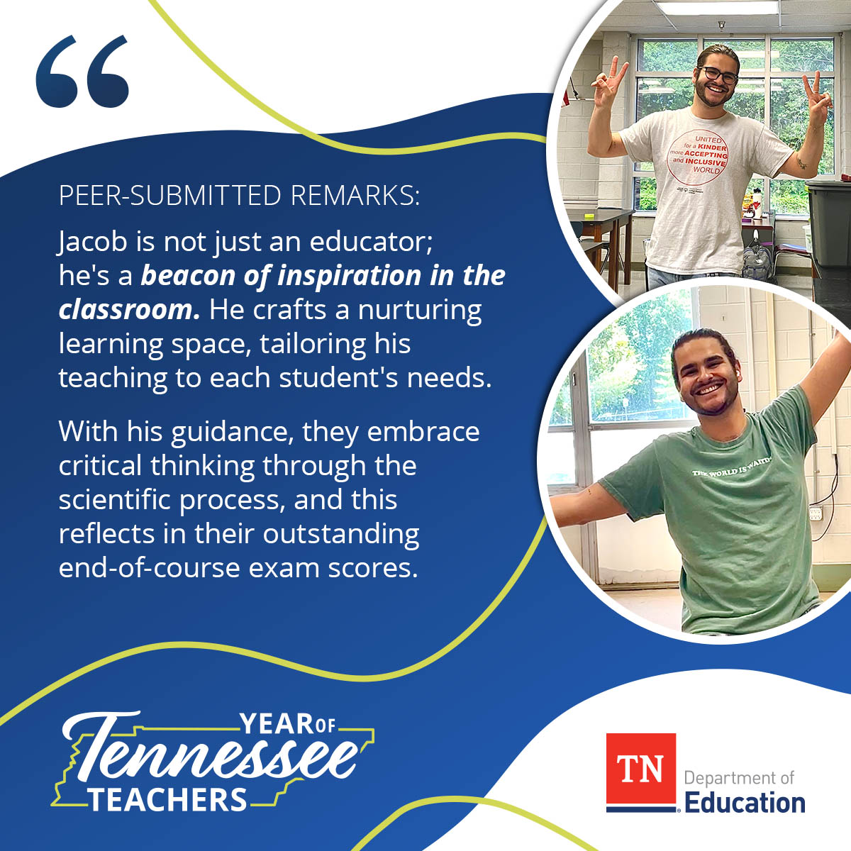 Our 'Year of Tennessee Teachers' campaign continues as we are spotlighting Jacob Truett from @hamcoschools. He was nominated by his peers for the passion and attentiveness he shows his students every day! We appreciate you, Jacob! #TNSupportsTeachers